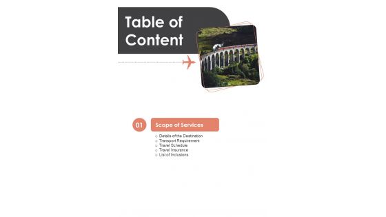 Table Of Content Proposal For Touring Business Itinerary One Pager Sample Example Document