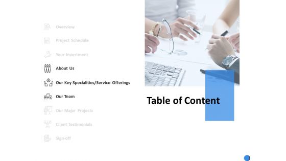 Table Of Content Specialities Ppt Powerpoint Presentation Model Microsoft