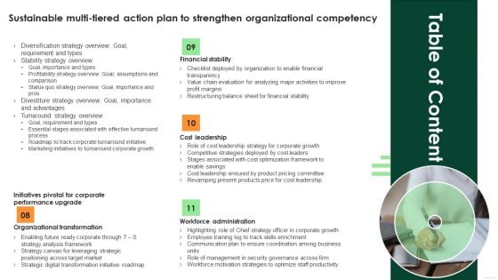 Table Of Content Sustainable Multi Tiered Action Plan To Strengthen Organizational Competency Rules PDF