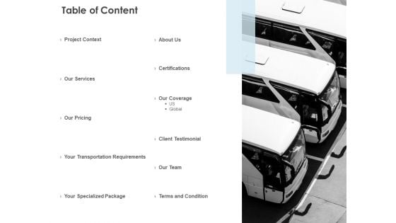 Table Of Content Transportation Requirements Ppt PowerPoint Presentation Infographic Template Templates