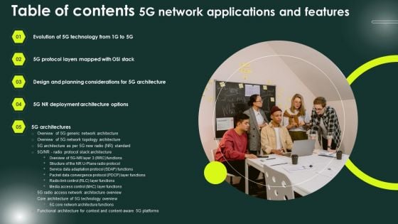 Table Of Contents 5G Network Applications And Features Ppt Gallery Visual Aids PDF