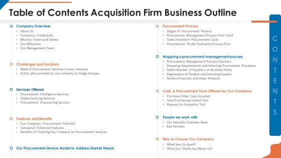 Table Of Contents Acquisition Firm Business Outline Inspiration PDF