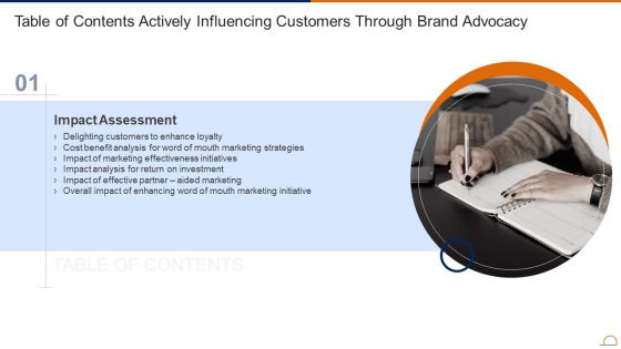 Table Of Contents Actively Influencing Customers Through Brand Advocacy Summary PDF