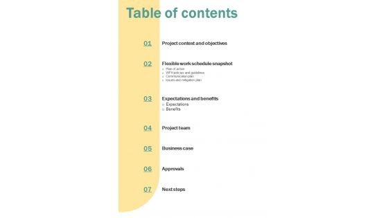 Table Of Contents Adjustable Work Schedule Proposal One Pager Sample Example Document Table Of Contents Adjustable Work Schedule Proposal One Pager Sample Example Document