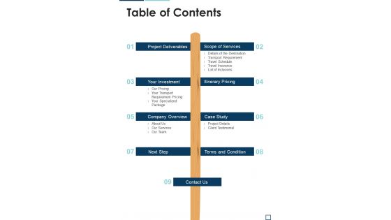 Table Of Contents Administrating Business Tour And Travel Service Proposal One Pager Sample Example Document Table Of Contents Administrating Business Tour And Travel Service Proposal One Pager Sample Example Document