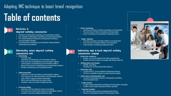 Table Of Contents Adopting IMC Technique To Boost Brand Recognition Brochure PDF