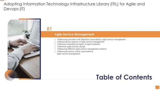 Table Of Contents Adopting Information Technology Infrastructure Library ITIL For Agile And Devops IT Slide Brochure PDF Table Of Contents Adopting Information Technology Infrastructure Library ITIL For Agile And Devops IT Slide Brochure PDF