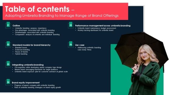 Table Of Contents Adopting Umbrella Branding To Manage Range Of Brand Offerings Slides PDF