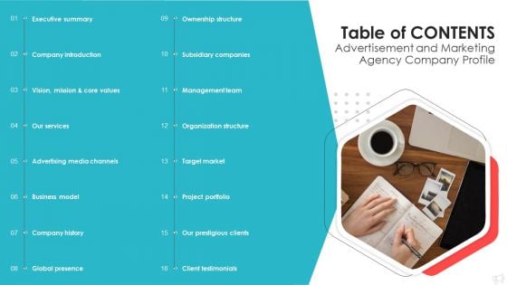 Table Of Contents Advertisement And Marketing Agency Company Profile Microsoft PDF
