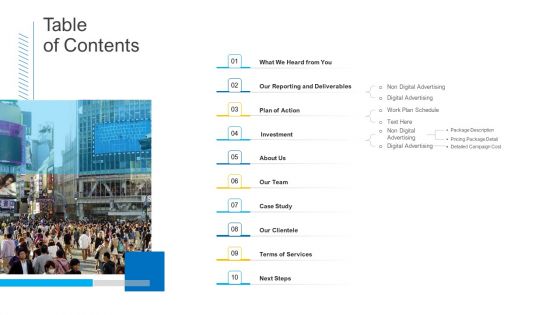 Table Of Contents Advertisement Campaign Proposal Template Elements PDF