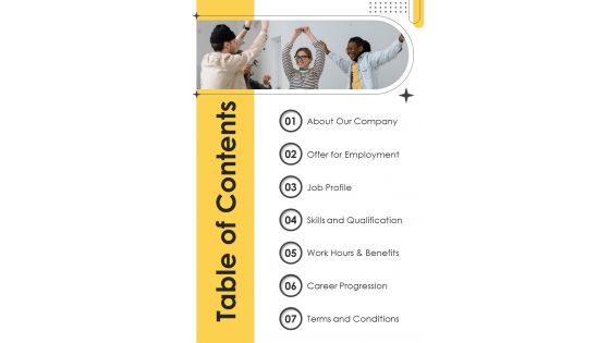 Table Of Contents Advertising And Marketing Job Profile Proposal One Pager Sample Example Document