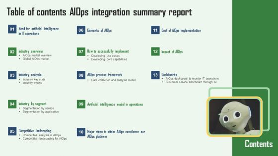 Table Of Contents Aiops Integration Summary Report Portrait PDF