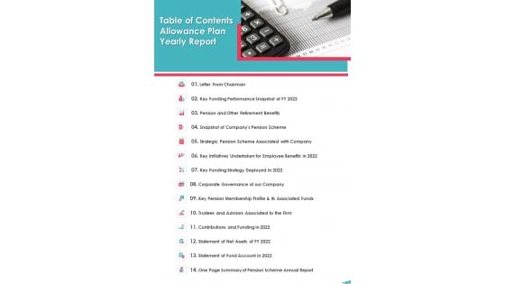 Table Of Contents Allowance Plan Yearly Report One Pager Documents Table Of Contents Allowance Plan Yearly Report One Pager Documents