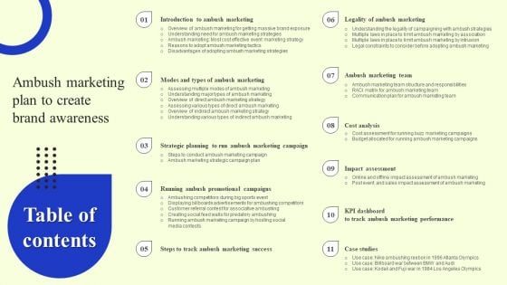 Table Of Contents Ambush Marketing Plan To Create Brand Awareness Ideas PDF Table Of Contents Ambush Marketing Plan To Create Brand Awareness Ideas PDF