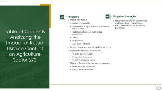 Table Of Contents Analyzing The Impact Of Russia Ukraine Conflict On Agriculture Sector Rules Brochure PDF