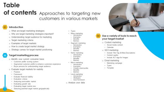 Table Of Contents Approaches To Targeting New Customers In Various Markets Slides PDF