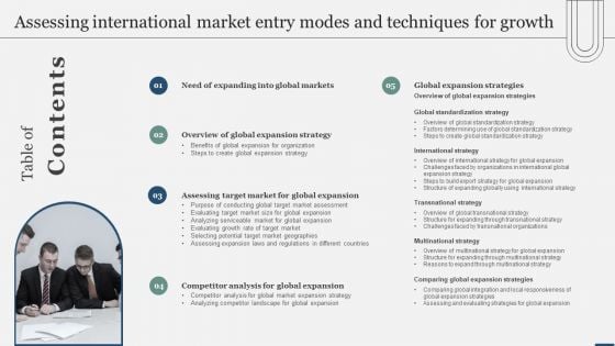 Table Of Contents Assessing International Market Entry Modes And Techniques For Growth Mockup PDF Table Of Contents Assessing International Market Entry Modes And Techniques For Growth Mockup PDF