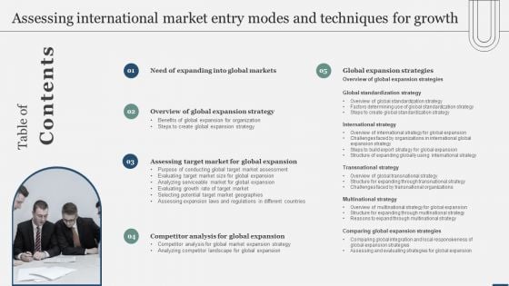 Table Of Contents Assessing International Market Entry Modes And Techniques For Growth Mockup PDF