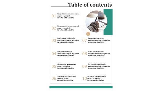 Table Of Contents Assessment Report Of Project Investment Feasibility One Pager Sample Example Document Table Of Contents Assessment Report Of Project Investment Feasibility One Pager Sample Example Document