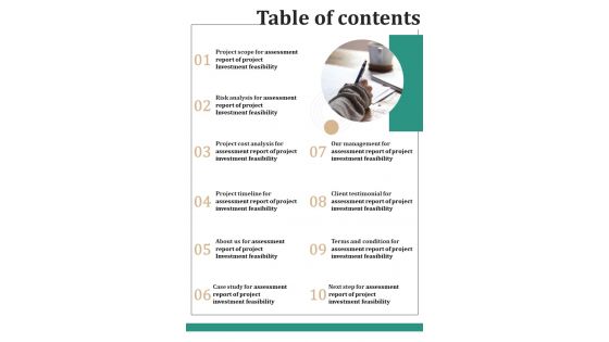 Table Of Contents Assessment Report Of Project Investment Feasibility One Pager Sample Example Document