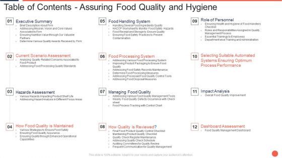 Table Of Contents Assuring Food Quality And Hygiene Topics PDF