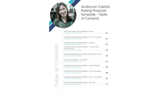 Table Of Contents Audiocast Capital Raising Proposal Template One Pager Sample Example Document