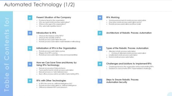 Table Of Contents Automated Technology Diagrams PDF