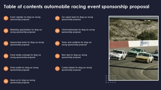 Table Of Contents Automobile Racing Event Sponsorship Proposal Brochure PDF