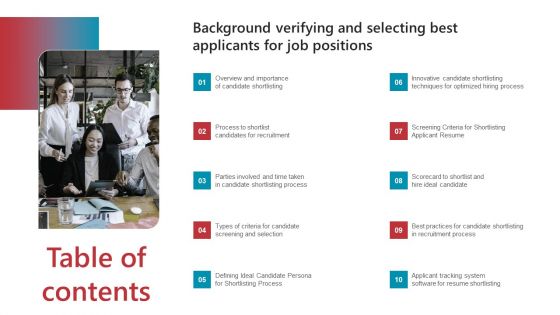 Table Of Contents Background Verifying And Selecting Best Applicants For Job Positions Sample PDF Table Of Contents Background Verifying And Selecting Best Applicants For Job Positions Sample PDF
