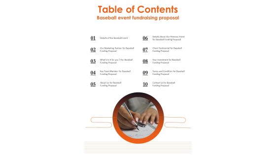 Table Of Contents Baseball Event Fundraising Proposal One Pager Sample Example Document
