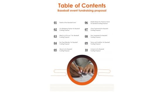 Table Of Contents Baseball Event Fundraising Proposal One Pager Sample Example Document Table Of Contents Baseball Event Fundraising Proposal One Pager Sample Example Document