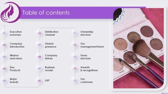 Table Of Contents Beauty And Skincare Products Company Profile Diagrams PDF Table Of Contents Beauty And Skincare Products Company Profile Diagrams PDF