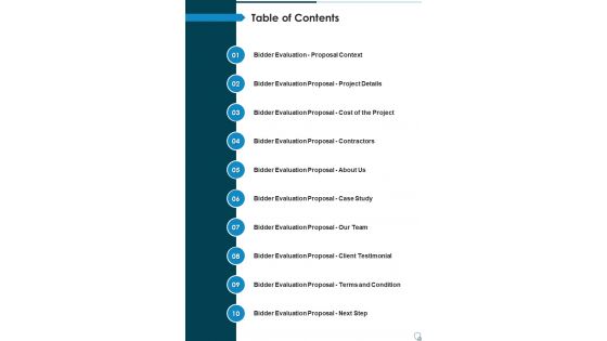 Table Of Contents Bidder Assessment Proposal One Pager Sample Example Document