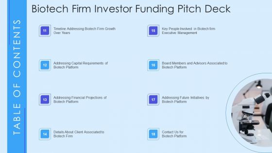 Table Of Contents Biotech Firm Investor Funding Pitch Deck Download PDF