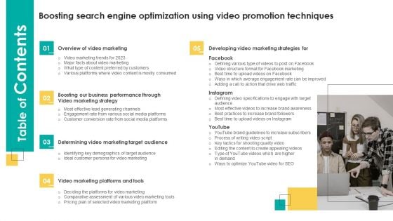 Table Of Contents Boosting Search Engine Optimization Using Video Promotion Techniques Information PDF