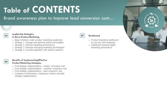 Table Of Contents Brand Awareness Plan To Improve Lead Conversion Rules PDF