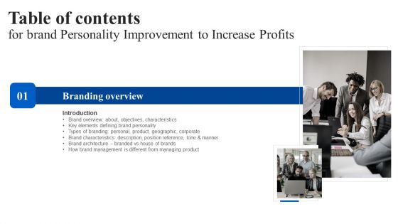 Table Of Contents Brand Personality Improvement To Increase Profits Key Template PDF