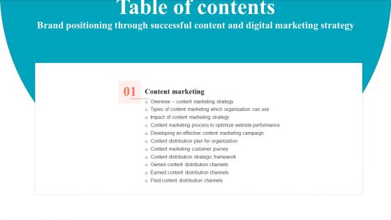 Table Of Contents Brand Positioning Through Successful Content And Digital Marketing Strategy Plan Download PDF Table Of Contents Brand Positioning Through Successful Content And Digital Marketing Strategy Plan Download PDF