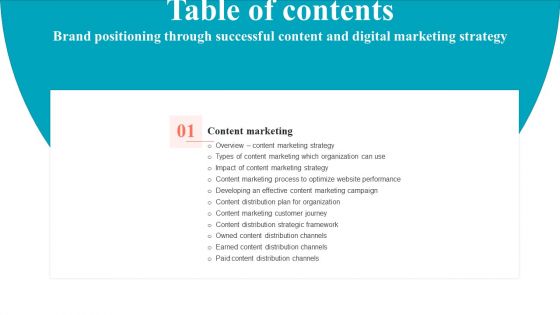 Table Of Contents Brand Positioning Through Successful Content And Digital Marketing Strategy Plan Download PDF