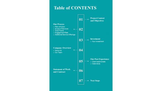 Table Of Contents Brand Representative Proposal Template One Pager Sample Example Document Table Of Contents Brand Representative Proposal Template One Pager Sample Example Document