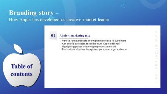 Table Of Contents Branding Story How Apple Has Developed As Creative Market Leader Key Formats PDF Table Of Contents Branding Story How Apple Has Developed As Creative Market Leader Key Formats PDF