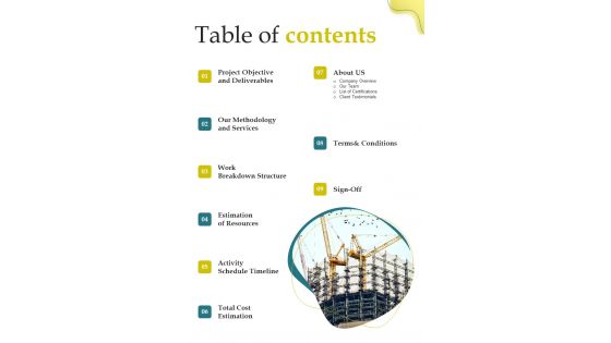 Table Of Contents Building Construction Project Administration Proposal One Pager Sample Example Document Table Of Contents Building Construction Project Administration Proposal One Pager Sample Example Document