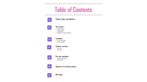 Table Of Contents Business Brand Building Proposal One Pager Sample Example Document