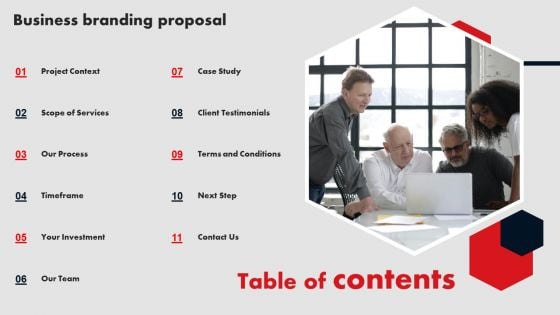 Table Of Contents Business Branding Proposal Ppt Icon Designs Download PDF