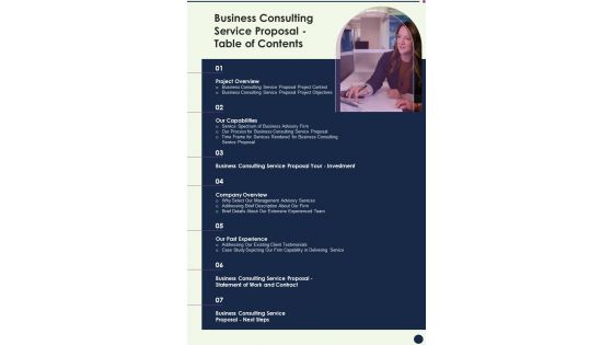 Table Of Contents Business Consulting Service Proposal One Pager Sample Example Document Table Of Contents Business Consulting Service Proposal One Pager Sample Example Document