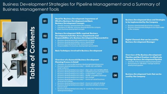 Table Of Contents Business Development Strategies For Pipeline Management And A Summary Of Business Management Tools Rules PDF