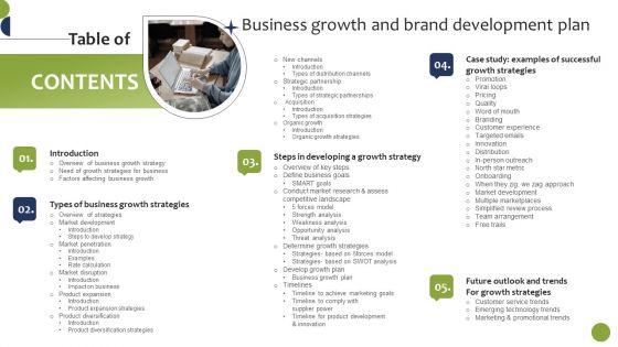 Table Of Contents Business Growth And Brand Development Plan Slides PDF