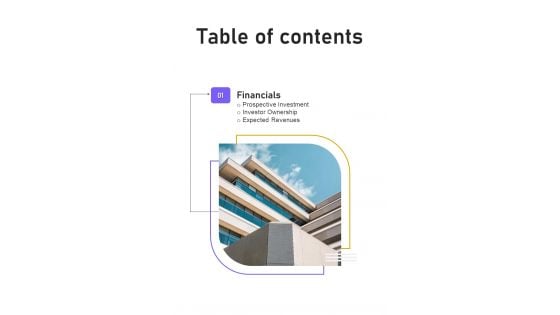Table Of Contents Business Property Development Investment Proposal One Pager Sample Example Document Table Of Contents Business Property Development Investment Proposal One Pager Sample Example Document