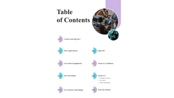 Table Of Contents Business Proposal For Child Care Center One Pager Sample Example Document Table Of Contents Business Proposal For Child Care Center One Pager Sample Example Document