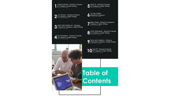 Table Of Contents Business Proposal For Freelance Content Writing One Pager Sample Example Document Table Of Contents Business Proposal For Freelance Content Writing One Pager Sample Example Document